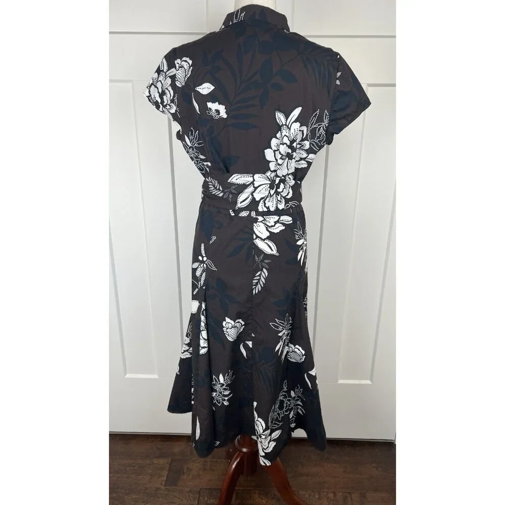 Talbots Fit & Flare Dress 12 Brown Cream Floral Faux Wrap Belted Midi - Picture 5 of 10
